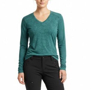 Segments Merino Wool Base Layer Women Medium Teal Long Sleeve Floral V-neck Top
